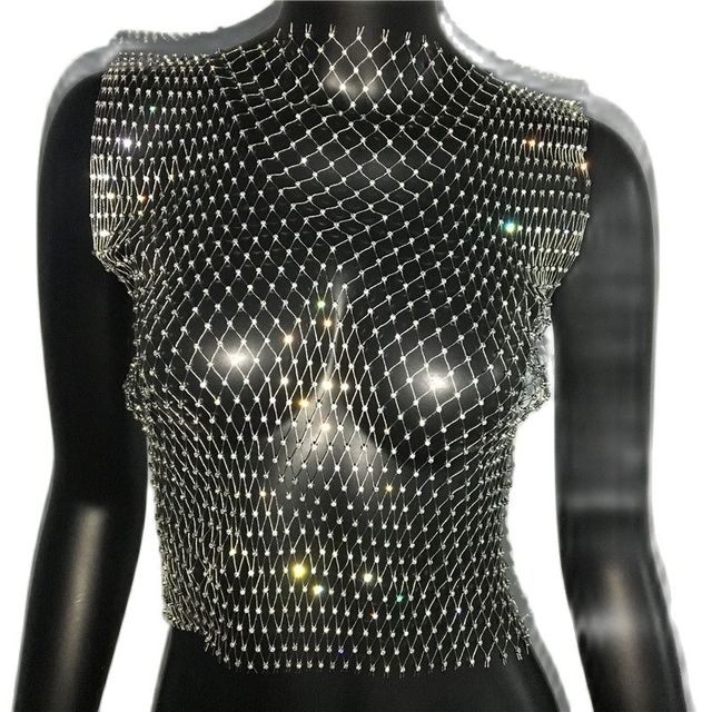 Rhinestone Mesh See-Through Crop Top