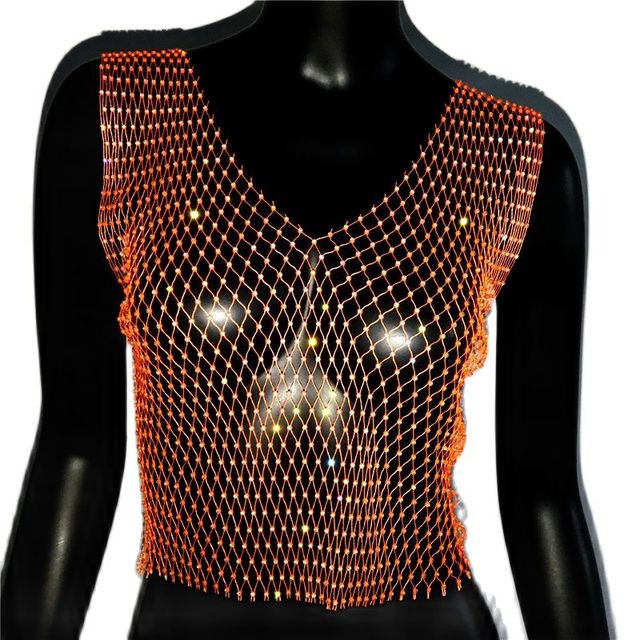 FestivalQueen Sexy Diamonds Mesh Cropped Tank Top Women Summer Cover Up Bikini See Through Rhinestone Net Party Club Crop Top