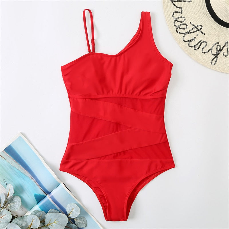 One Piece Swimsuit Women Sexy Mesh Solid Swimwear 2023 New Monokini Beach Bathing Suit Bodysuit Swimming Suits For Female XL