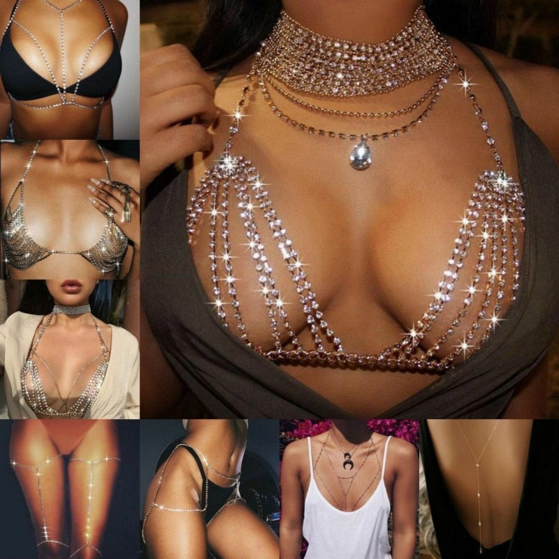 Women Summer Sexy Shiny Crystal Rhinestone Bra Chest Body Chain Bikini Jewelry  Leg Chains for Women Summer Beach Dress Sexy