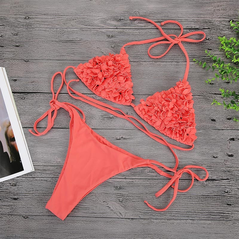 Sexy Bikinis 2021 New 3D Flower Swimwear Solid Bikini Bandage Swimsuit Thong Bikini Set Female Bathers Wear Push Up Micro Bikini