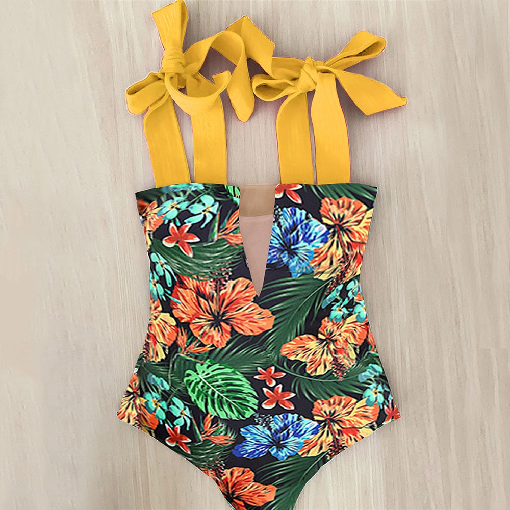 2022 New Sexy One Piece Swimsuit Shoulder Strappy Swimsuit Print Floral Swimwear Women Backless Bathing Suit Beach Wear Monokini