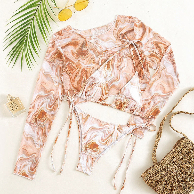 Leopard Print 3-Piece Long Sleeve Bikini Set