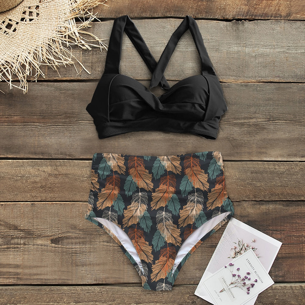 Halter Print High Waist Bodysuit Bikini Set