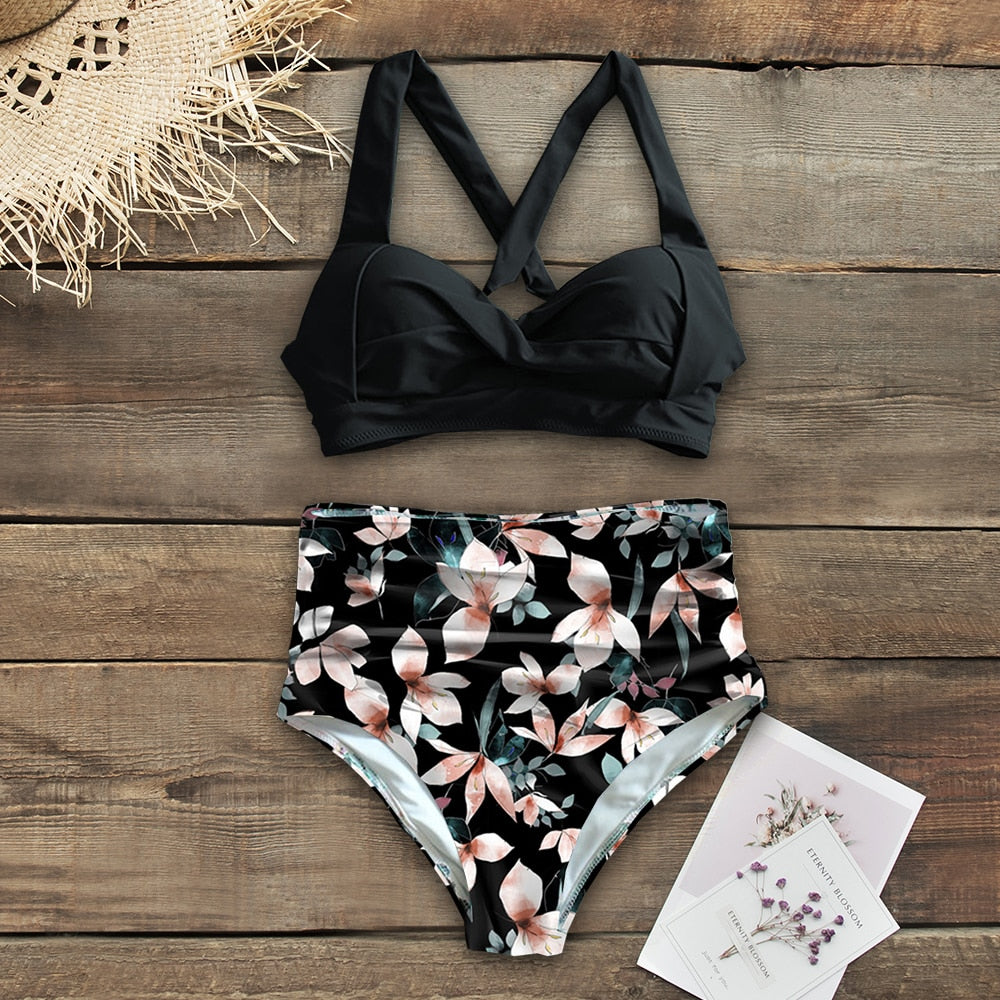 Halter Print High Waist Bodysuit Bikini Set