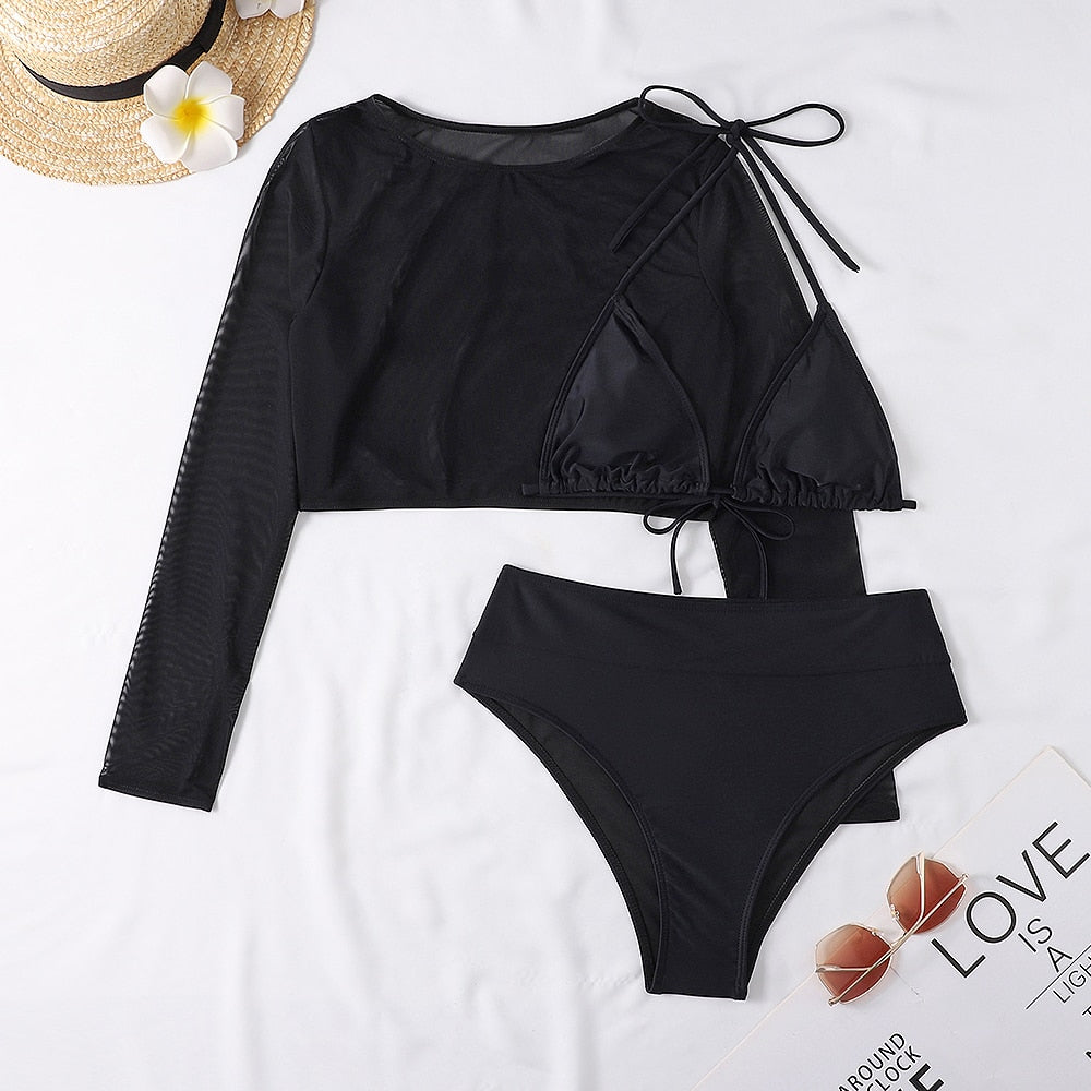 2022 Neon Yellow Crop Top Swimwear Women Summer Sexy Beachwear Mesh Long Sleeve Cover Ups Top Three Piece Swimsuit Bikini Set