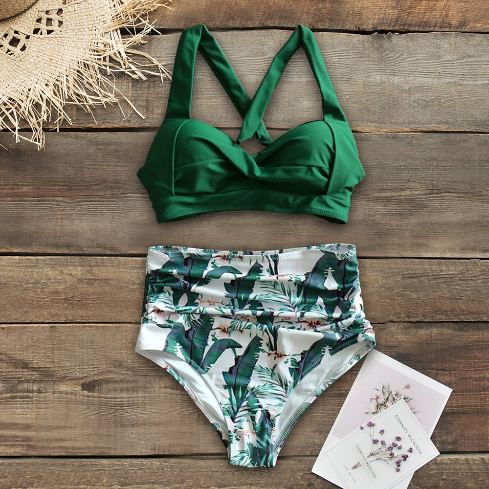 Halter Print High Waist Bodysuit Bikini Set