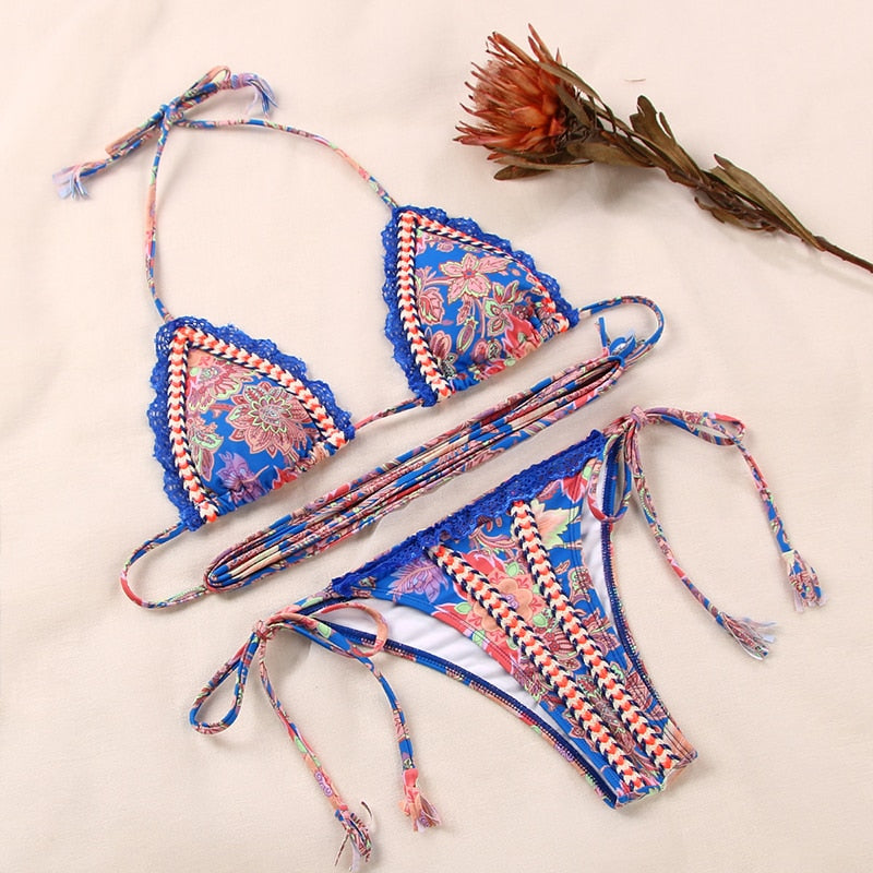 High Cut Print & Solid Bikini Set