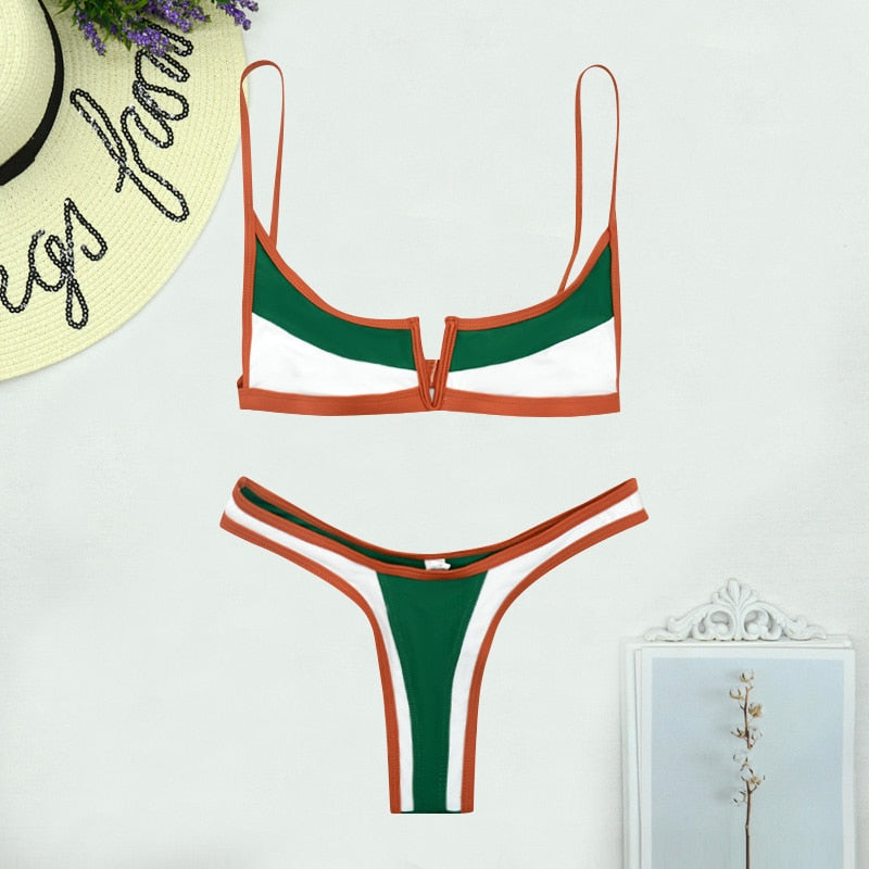 Vintage Retro Bikini Patchwork Swimsuit Thong Brazilian Sexy Swimwear Female 2022 New Summer Micro V-bar Green Bathing Suits