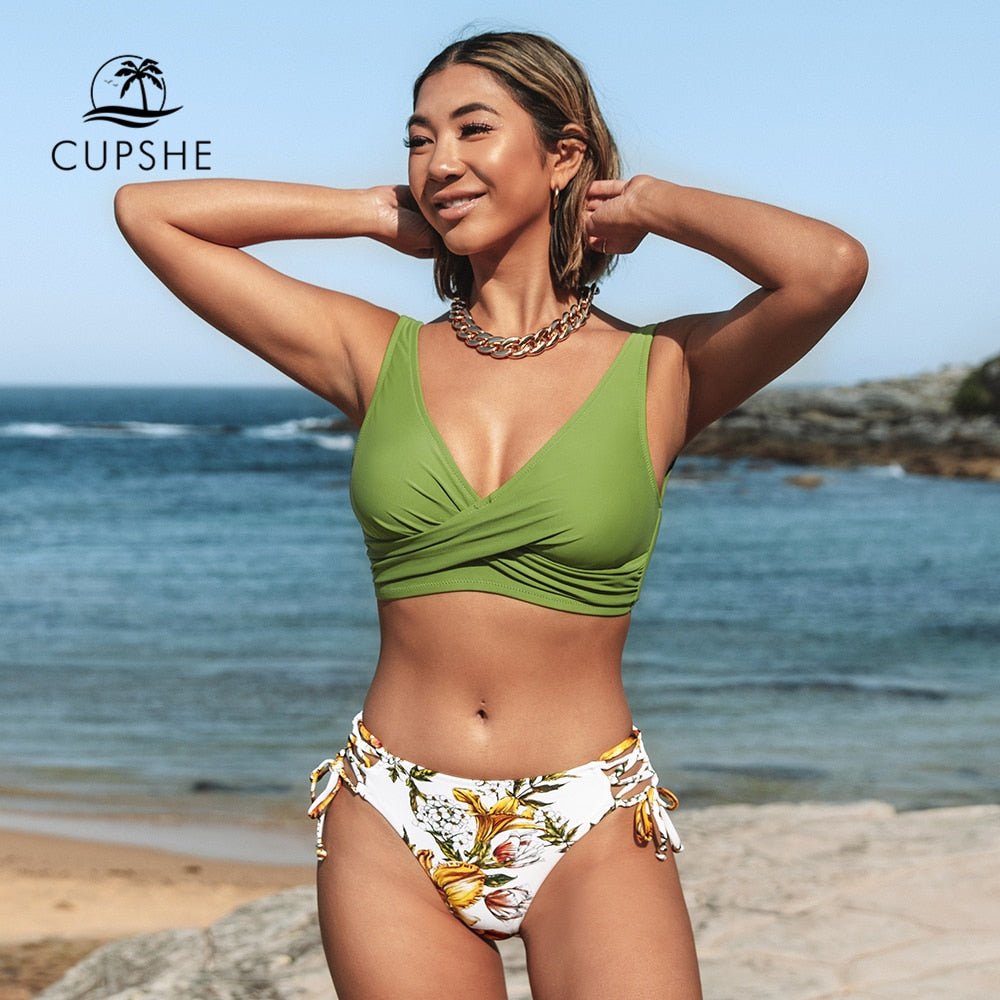 Yellow Lemon Print Lace Up Mid-Waist Bikini Set