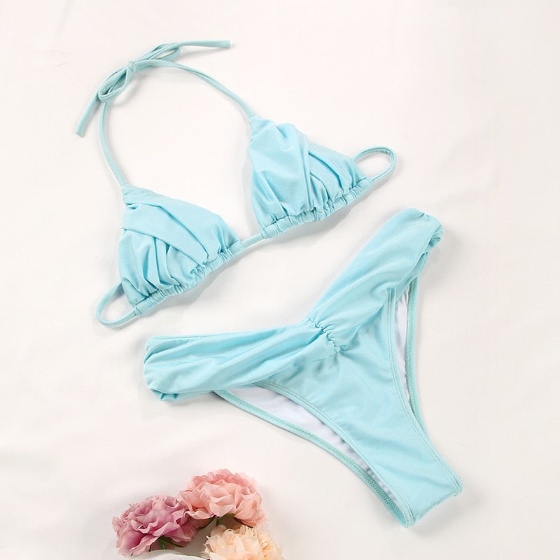 High Cut Print & Solid Bikini Set