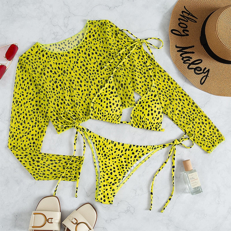 Leopard Print 3-Piece Long Sleeve Bikini Set