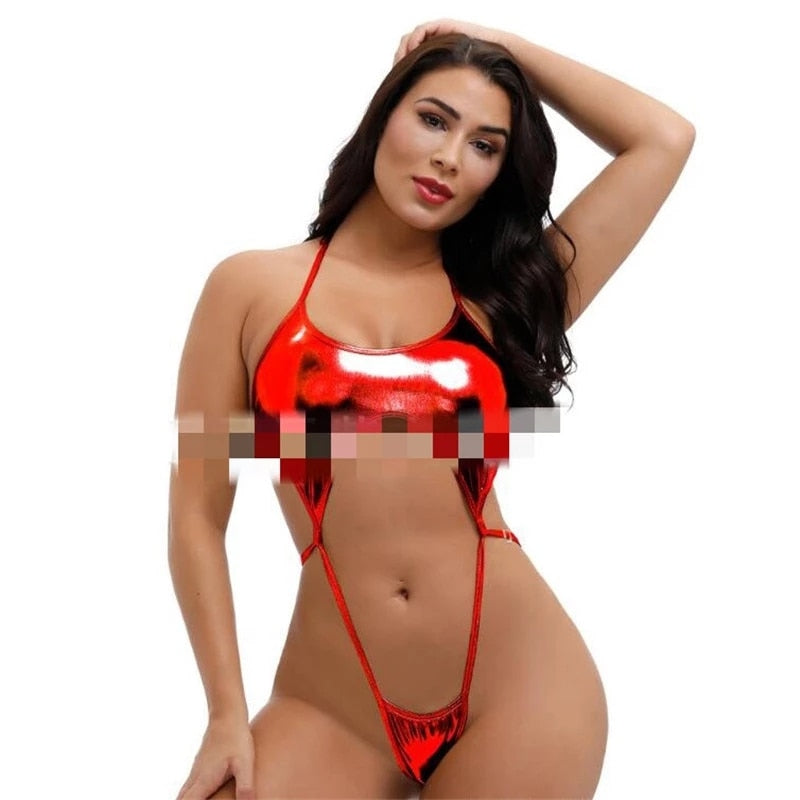 Sexy Micro Bikini Swimsuit Ladies Swimsuit One Piece Bikini Bikini Patent Leather Hal Rope Lace Adjustable Thong Plus Size