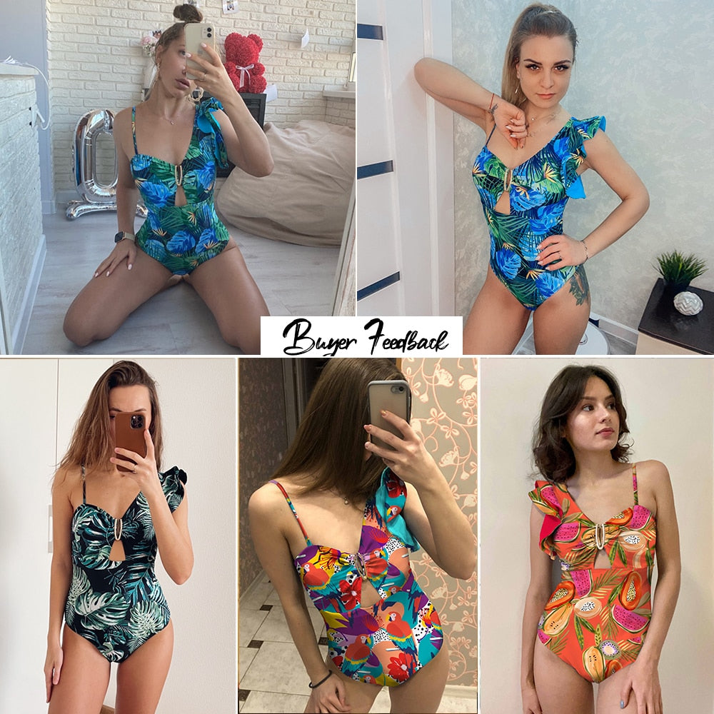 Sexy One Shoulder Ruffle One Piece Swimsuit Print Floral Swimwear Women Swimsuit Bathing Suit Beachwear Monokini