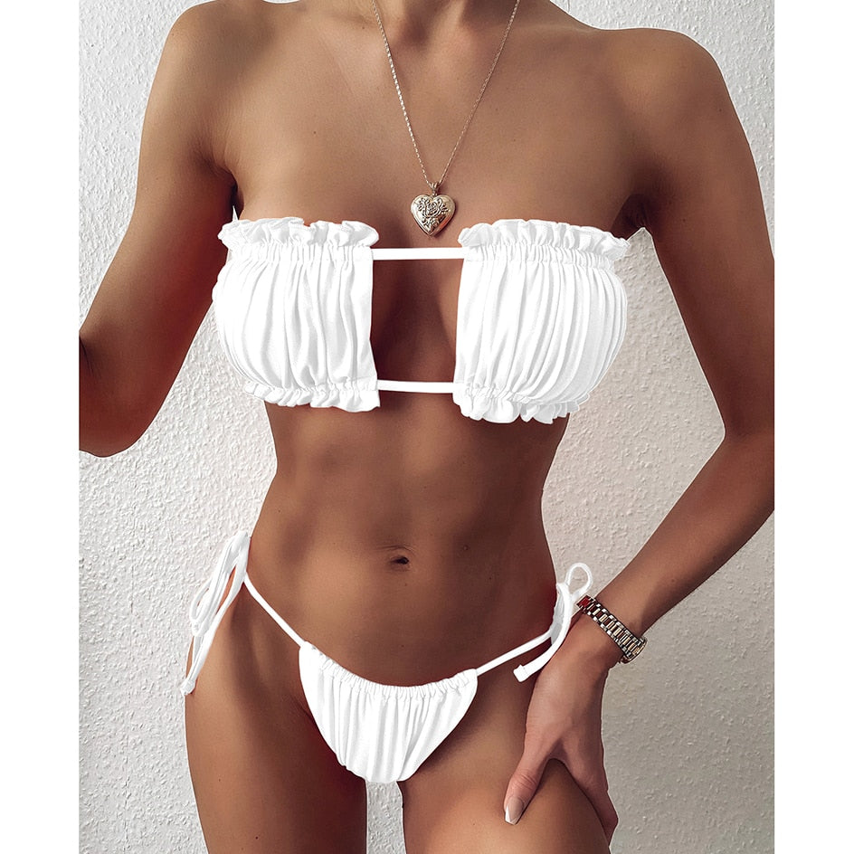 Pleated Bandeau Mini Thong Bikini Set