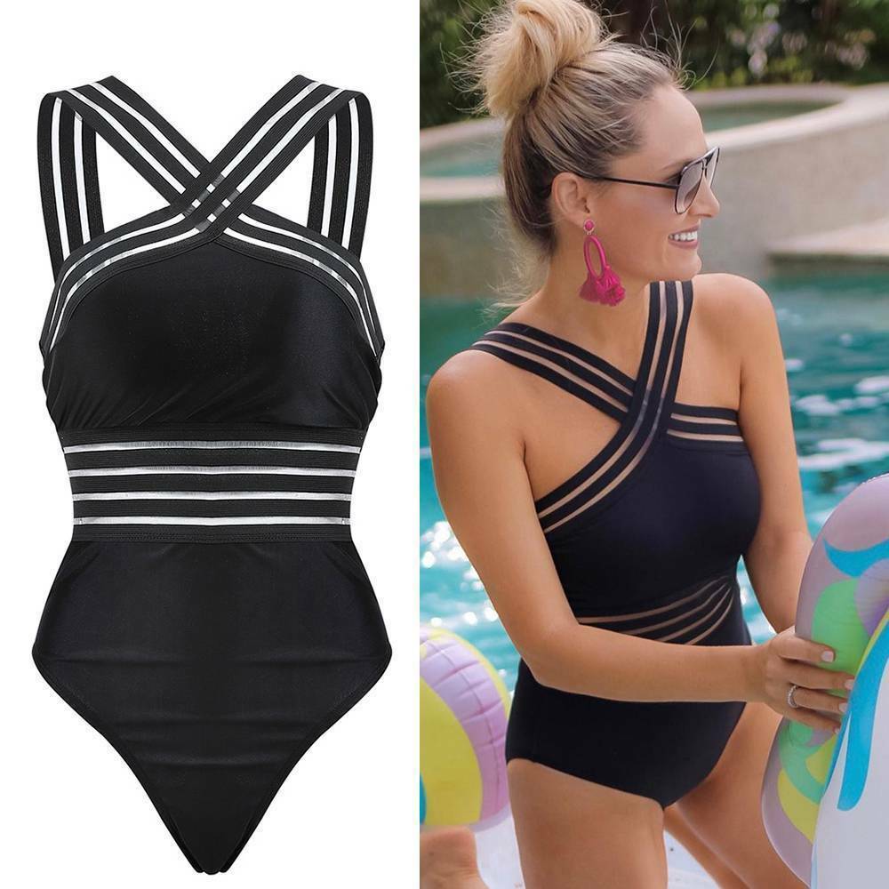 Sexy Black Striped One Piece Bikini Women's Bandage Push Up Monokini Swimwear Swimsuit Beach Triangle Bathing Suit