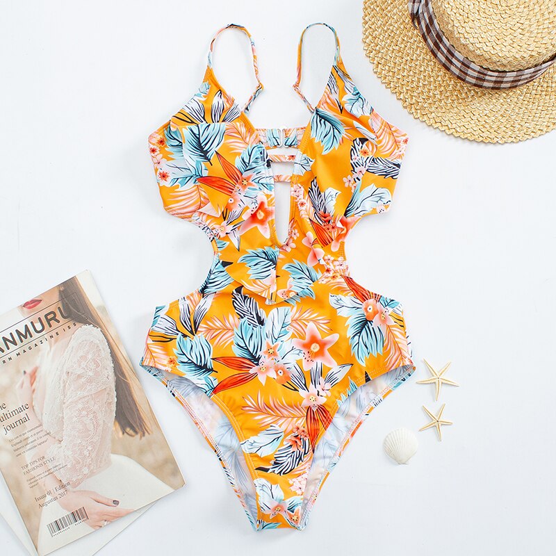 Ruffle One Piece Bikini Set Flounced Swimwear Women 2022 New Summer Swimsuit Plunge Monokini Floral Bodysuit Beachwear Trikini