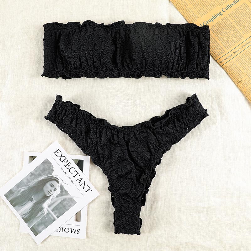 Ruffled Hollow Out Thong Bandeau Bikini Set