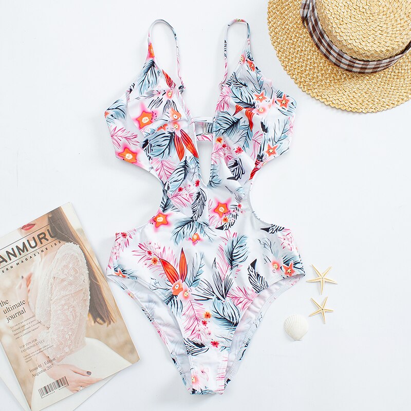 Ruffle One Piece Bikini Set Flounced Swimwear Women 2022 New Summer Swimsuit Plunge Monokini Floral Bodysuit Beachwear Trikini