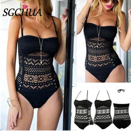 Sexy Backless One Piece Bikini Swimsuit Hollow Out Bosyduit Solid Black Mesh Slimming Bathing Suit Halter Push Up Bathing Suit