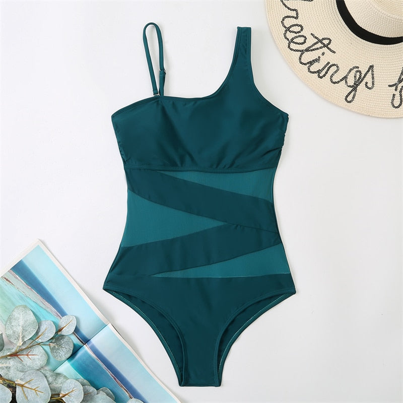 One Piece Swimsuit Women Sexy Mesh Solid Swimwear 2023 New Monokini Beach Bathing Suit Bodysuit Swimming Suits For Female XL