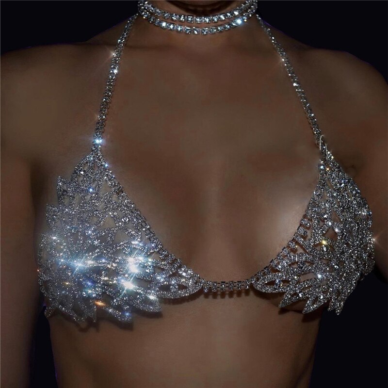 Fashion Luxury Women's Zircon Crystal Flower Leaf Tight Chain Suit Exquisite Shiny Sexy Bra Thong Bikini Jewelry Accessories