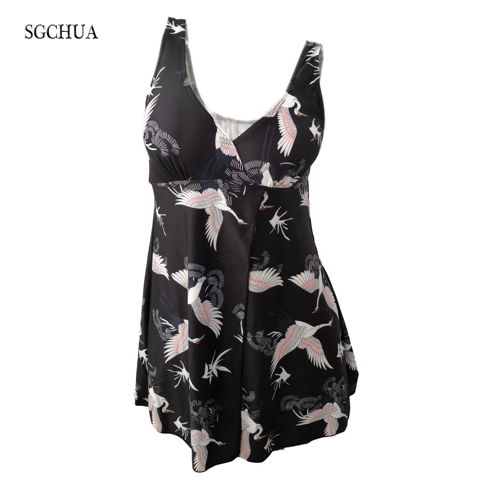 SGCHUA 2020 Print White Crane Large Size 5XL One Piece Swimsuit for Fat Big Plus XXXL Swimwear with Skirt Slim Bathing Suit