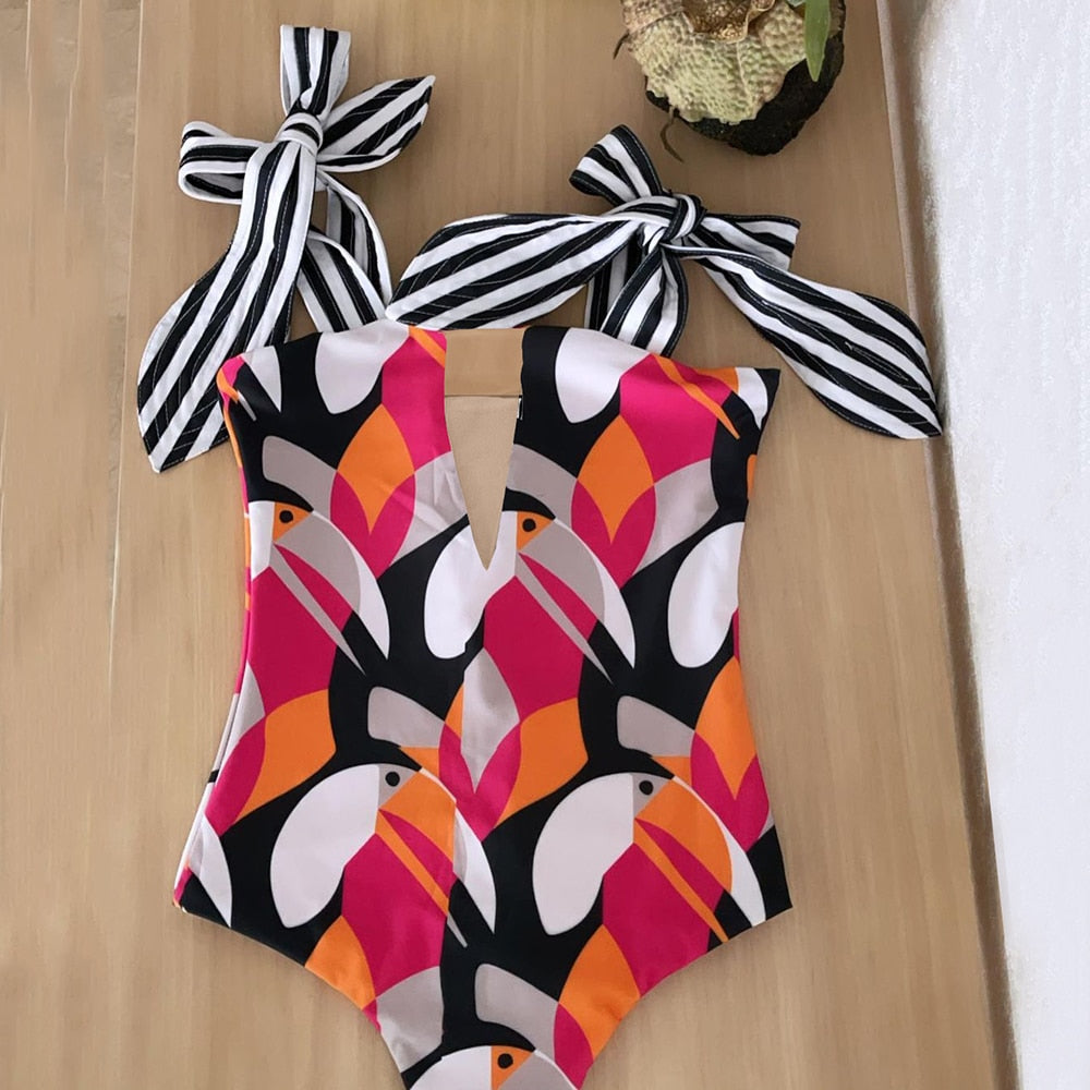 2022 New Sexy One Piece Swimsuit Shoulder Strappy Swimsuit Heart print Swimwear Women Backless Bathing Suit Beach Wear Monokini