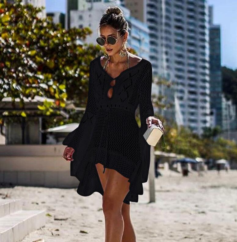 New Crochet Cover Ups Lace Hollow Swimsuit Beach Dress Women Summer Lady Cover-Ups Bathing Suit Beach Wear Tunic Bikini Blouse