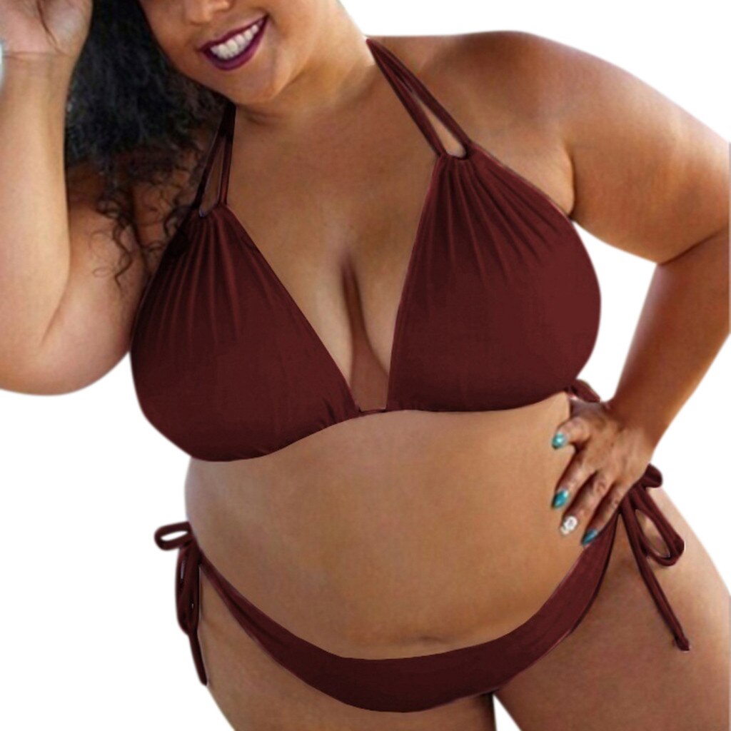 Sexy Plus Size Swimsuit Bikini Set Women Solid Color Lace-Up Halter Swimming Suit Bikinis Solid Black White Wine Red Swimwear