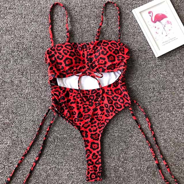 Splicing High Cut Out One Piece Swimsuit Women Tassel Swimwear Female Sexy Bathing Suit String Leopard bikini 2022 Monokini Lady