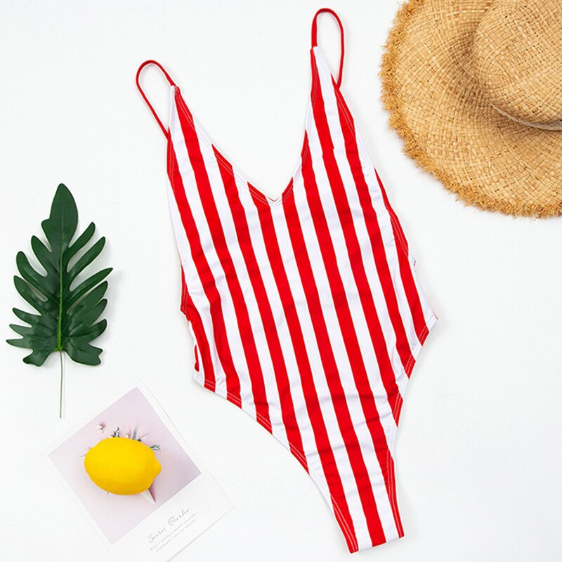 New Sexy Backless Striped Women Swimwear One Piece Swimsuit Female monokini High cut Trikini V Neck Bathing Suit Swim Bodysuit