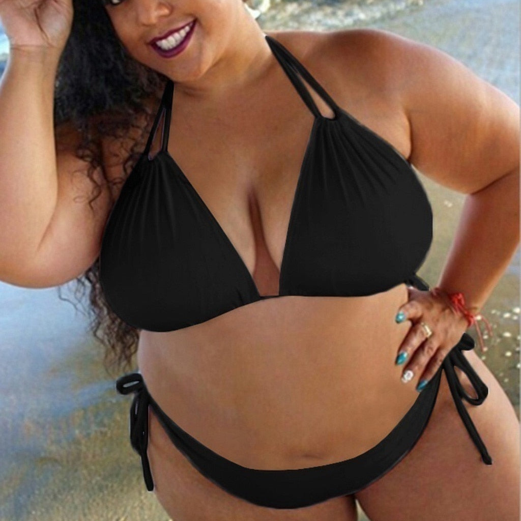 Sexy Plus Size Swimsuit Bikini Set Women Solid Color Lace-Up Halter Swimming Suit Bikinis Solid Black White Wine Red Swimwear