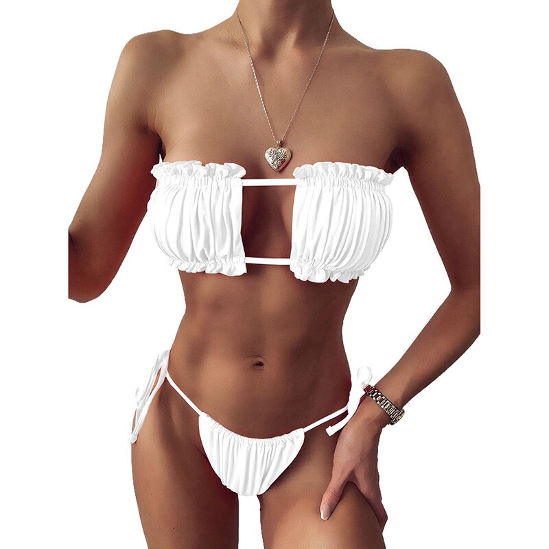 Sexy Solid Bikini 2022 Women Pleated Bandeau Swimsuit Female Low Waist Swimwear Women Beach Mini Thong Bikini Set Bathing Suit