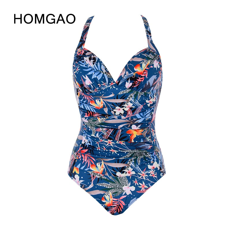 HOMGAO Sexy Push Up Women's One Piece Swimsuits Large Size Shirred Swimwear Vintage Bodysuit Tummy Control Bathing Suits L-4XL