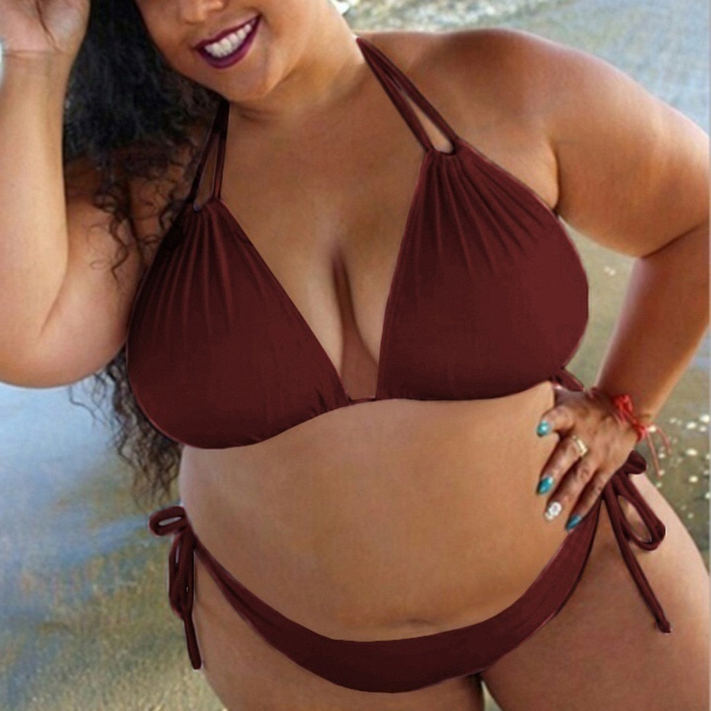 Sexy Plus Size Swimsuit Bikini Set Women Solid Color Lace-Up Halter Swimming Suit Bikinis Solid Black White Wine Red Swimwear