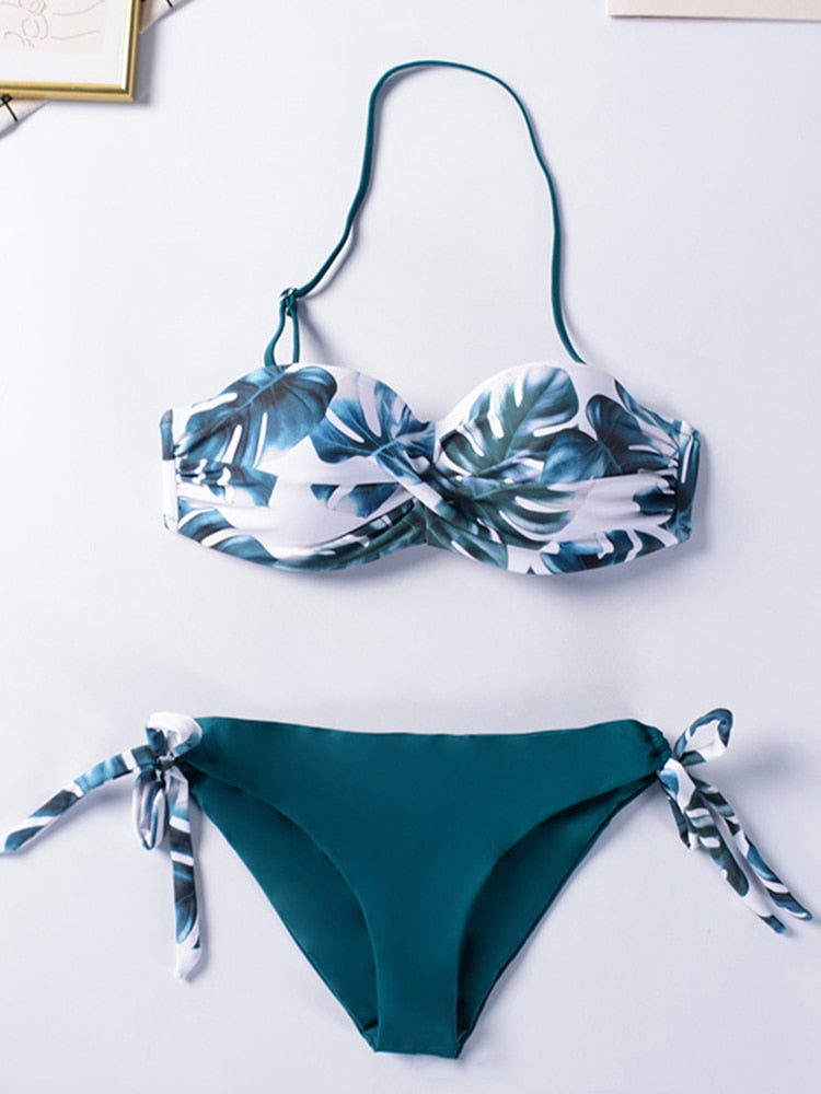 Solid Mid Waist Bandeau Push Up Bikini Set