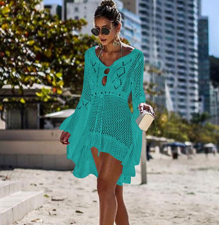 New Crochet Cover Ups Lace Hollow Swimsuit Beach Dress Women Summer Lady Cover-Ups Bathing Suit Beach Wear Tunic Bikini Blouse