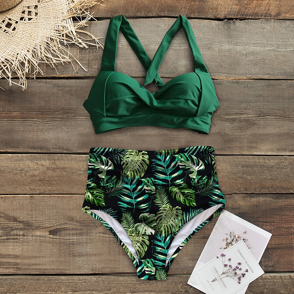 Halter Print High Waist Bodysuit Bikini Set