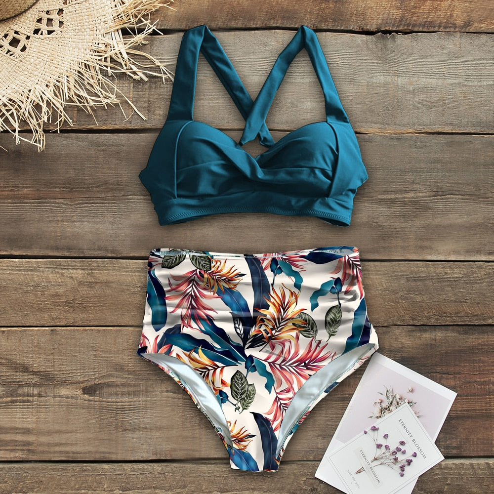 Halter Print High Waist Bodysuit Bikini Set