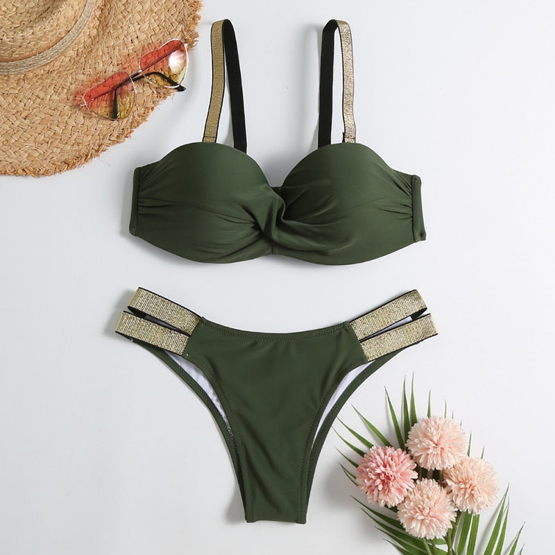 Vintage Retro Bikini Patchwork Swimsuit Thong Brazilian Sexy Swimwear Female 2022 New Summer Micro V-bar Green Bathing Suits