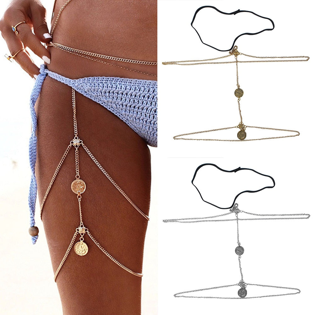 Lady Retro Sexy Harness Multilayer Thigh Leg Chain Coins Tassel Bikini Jewelry