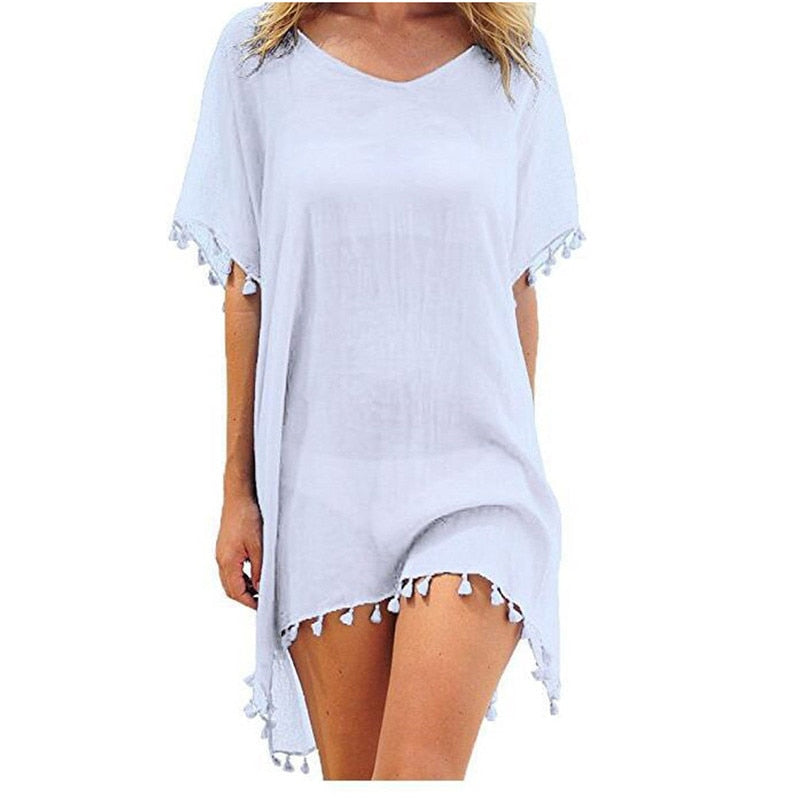 2021 Chiffon Tassels Beach Wear Women Swimsuit Cover Up Swimwear Bathing Suits Summer Mini Dress Loose Solid Pareo Cover Ups