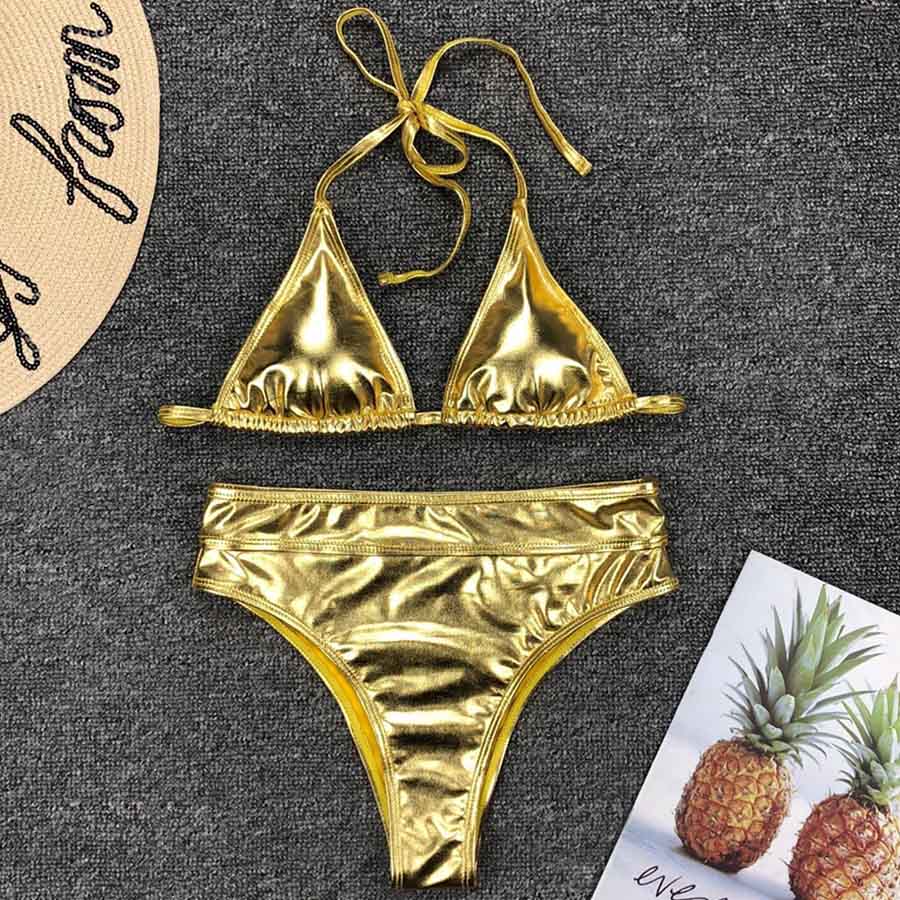 NEW Shiny Gold Silver One Piece Swimsuit Women Swimwear Female Bather V Neck Bathing Suit Swim Wear Monokini