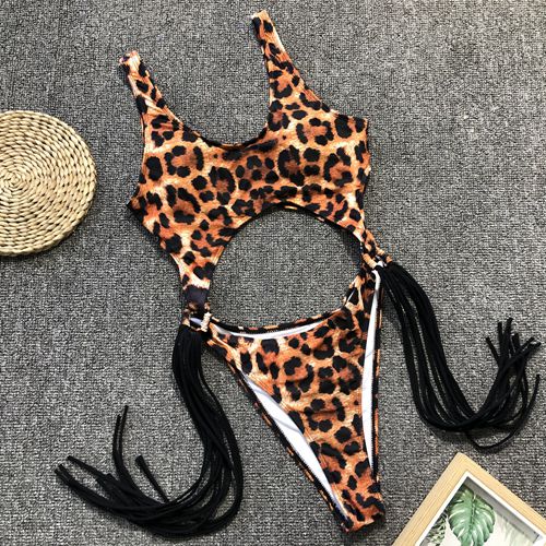 Splicing High Cut Out One Piece Swimsuit Women Tassel Swimwear Female Sexy Bathing Suit String Leopard bikini 2022 Monokini Lady