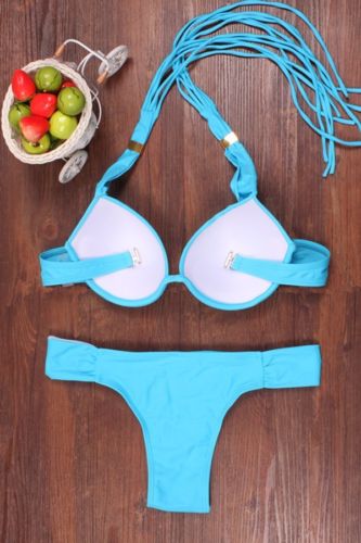 Sexy Women Suumer Beach Solid Swimwear Padded Bra Thong Bikini Set Push up Beach Bathing Swimsuit