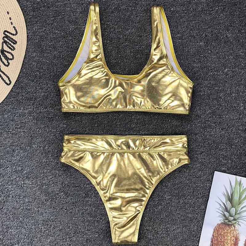 NEW Shiny Gold Silver One Piece Swimsuit Women Swimwear Female Bather V Neck Bathing Suit Swim Wear Monokini