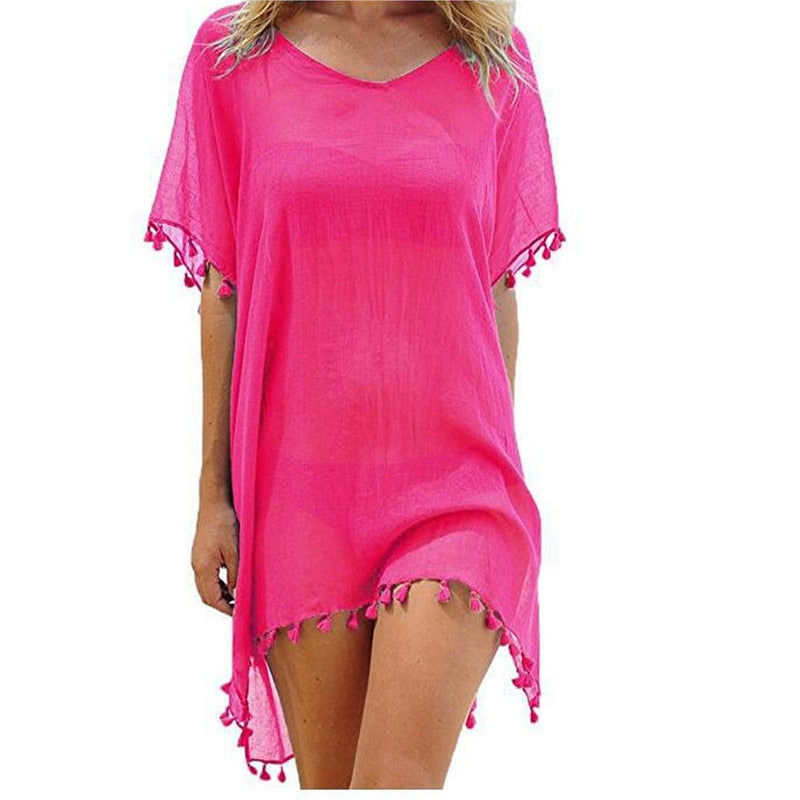 2021 Chiffon Tassels Beach Wear Women Swimsuit Cover Up Swimwear Bathing Suits Summer Mini Dress Loose Solid Pareo Cover Ups