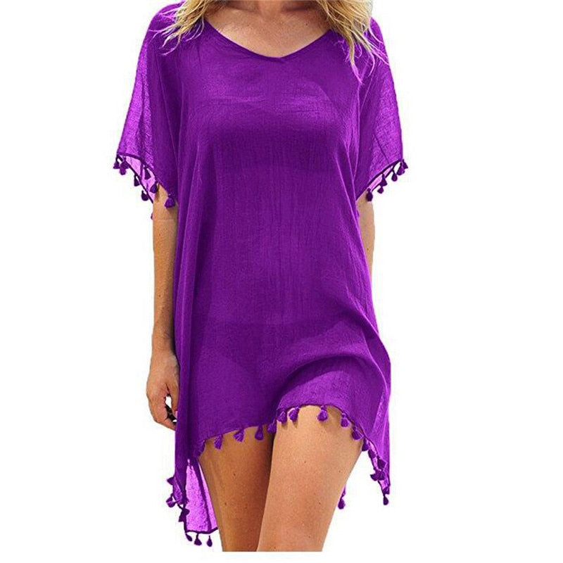 2021 Chiffon Tassels Beach Wear Women Swimsuit Cover Up Swimwear Bathing Suits Summer Mini Dress Loose Solid Pareo Cover Ups