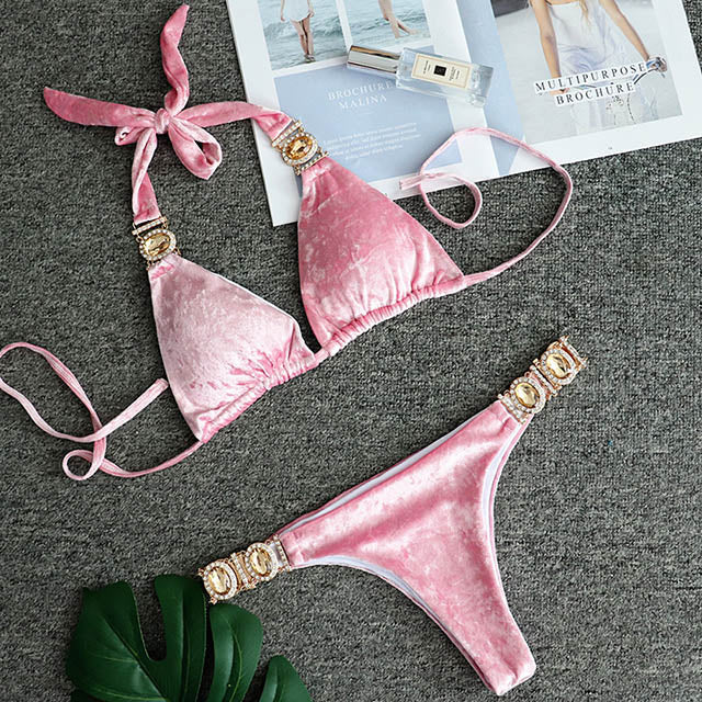 Sexy Crystal Diamond Velvet Bikini 2021 Women Bandage Swimsuit Female Brazilian Swimwear Thong Bikini set Halter Bathing Suit